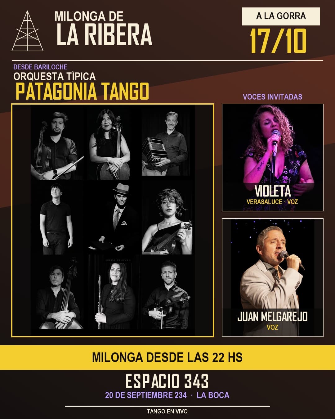 Afiche de la Milonga de La Ribera con Patagonia Tango, Violeta Verasaluce y Juan Melgarejo