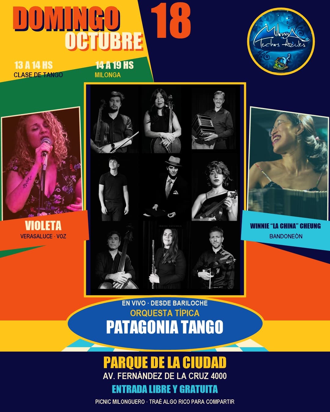 Afiche de Milonga Techos Azules con Patagonia Tango y sus invitadas